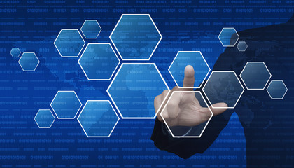 Businessman hand pushing blank hexagon shape virtual technology