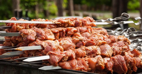 Meat cooked on skewers for roasting on coals