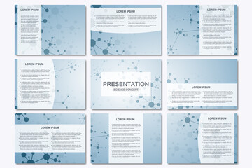 Set of modern business presentation templates in A4 size. Connection structure. Abstract background with molecule DNA and neurons