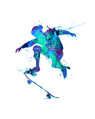 Skateboarder. Blue splash paint