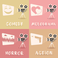 Movie genres poster. Cartoon vector illustration. Film projector and popcorn