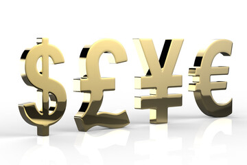 Dollar ,Pound, Yen and Euro Currency in Gold 3D Rendering