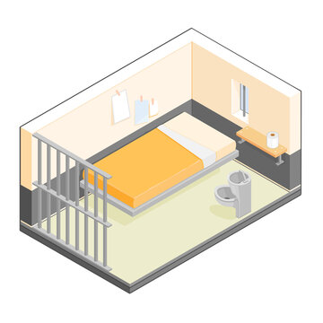 Isometric vector illustration of a small prison cell.
Jail Cell with bed and toilet.