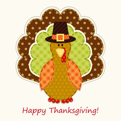 Cute Thanksgiving turkey as retro fabric applique in traditional colors ideal as Thanksgiving greeting card