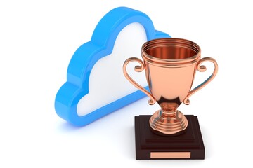 Isoalted bronze cup with cloud on white background. Blue contour cloud. Concept of cloud storage competition. Leader cloud drive. Best storage contest. 3D rendering.