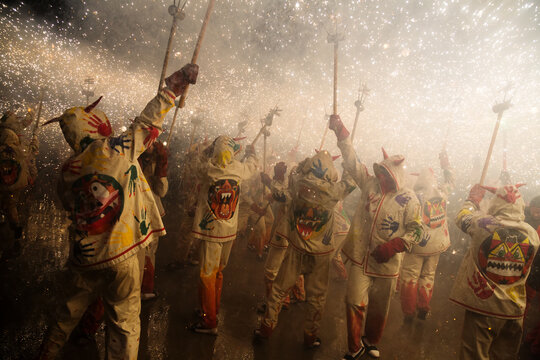 Fireworks on   square at Badalona during  night of Saint Anastas