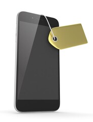 Smart phone with golden price tag on white background. Identification, price, label. Luxury and expensive offer. 3D rendering.
