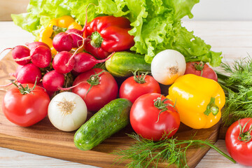 Close up of various colorful raw vegetables.
