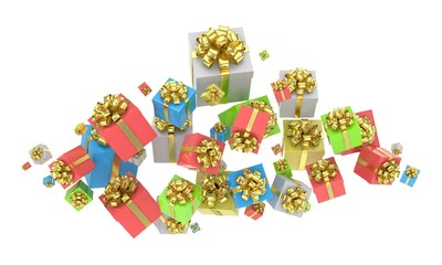 flying gift boxes on white. 3d rendering.