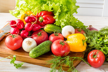 Close up of various colorful raw vegetables.