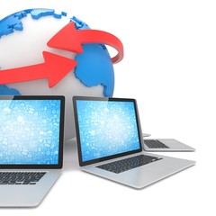 Laptop network around earth globe. 3d rendering.