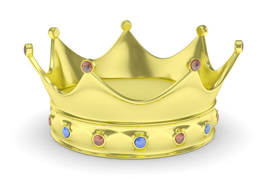 Golden royal crown with blue and red gems on white. 3D rendering.