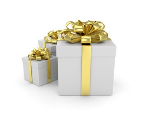 three gift boxes with bows isolated on white. 3d rendering.