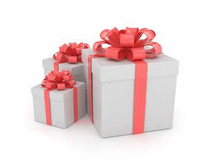 three gift boxes with bows isolated on white. 3d rendering.