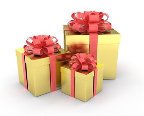 three gift boxes with bows isolated on white. 3d rendering.