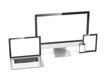 Ultimate web design, laptop, smartphone, tablet, computer, display. 3d rendering.