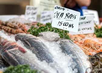 Fresh sea bass and seafood at market counter.