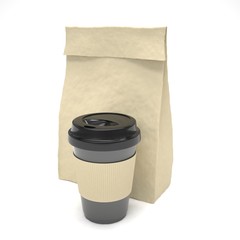 Coffee to go and lunch bag, on white. 3d rendering.