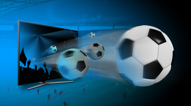 Football, diffusion match de foot ou football multimédia avec des footballeurs dans un stade, plusieurs ballons sortants d'un écran de télévision. Fond bleu dégradé vers le noir. 