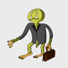 businessmonster. Monster as a businessman with a suitcase and big teeth