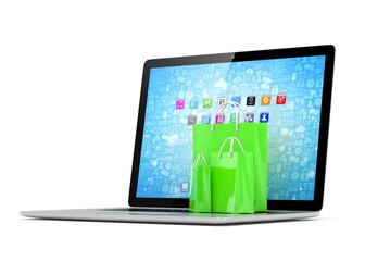 laptop and  shopping pags on white background. 3d rendering.