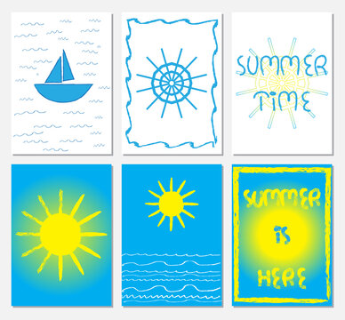 Collection of A4 format illustrations in navy style with steering weel, boat, sun, sea waves, letttering. Summer time, Summer is hear text. Blue, white, yellow colors.