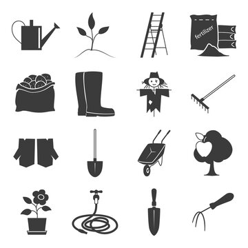 Set of Garden Tools, Icons Gardening Equipment , Silhouette Agricultural Tool , Vector Illustration