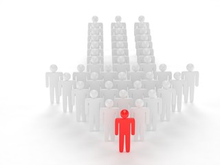 Many 3d people figure in arrow shape with the leader in front. 3d rendering.