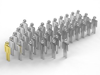 Many 3d people figure in arrow shape with the leader in front. 3d rendering.