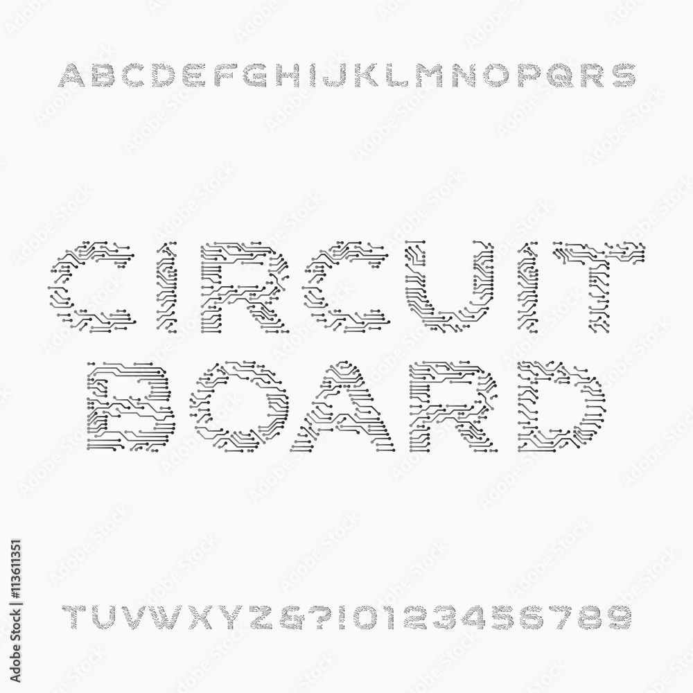 Fototapete circuit board font. vector alphabet. digital hi-tech style letters and numbers. stock vector font fo