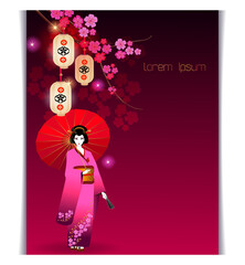 Background with Japanese geisha and lanterns hanging from Sakura tree.