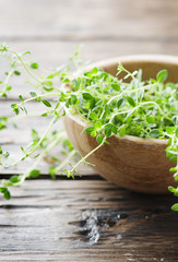 Fresh green thyme on the wooden table