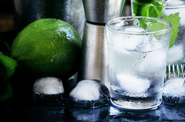 Set of bar tools and ingredients for making cocktails, dark back