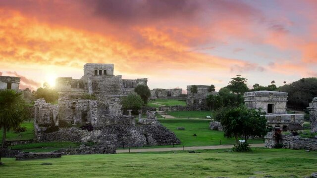 mayan site of tulum at sunrise no people colorful sky