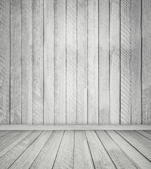 Blank black-white interior of vintage room without ceiling with wooden floors and walls