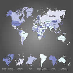 Fototapeta na wymiar World map with the name of countries and continents. Vector illustration.