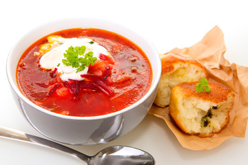 Vegetable soup, red borsch and fresh stuffed bun..