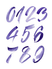 Watercolor hand written purple numbers. Vector illustration