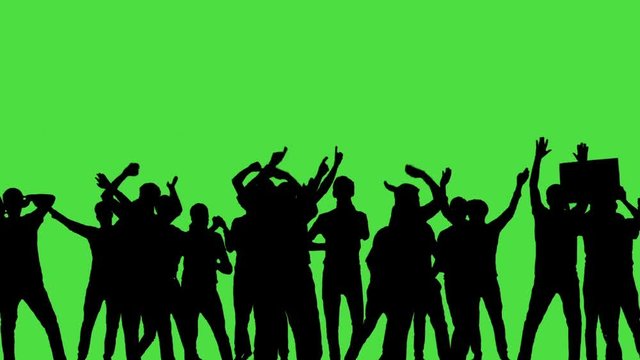 A crowd of dancing people, all in silhouette, on a greenscreen. HD.