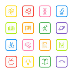 colorful line education and science icon set with rounded rectangle frame for web design, user interface (UI), infographic and mobile application (apps)