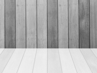 Closeup surface wood pattern at the old wood wall texture background  with reflection at the floor in black and white tone