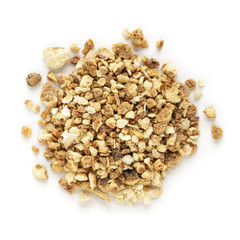 Organic dry sweet orange (Citrus sinensis) tea cut seeds isolated on white background. Macro close up. Top view.