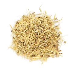 Organic dry Liquorice or Mulethi (Glycyrrhiza glabra) tea cut roots isolated on white background. Macro close up. Top view.
