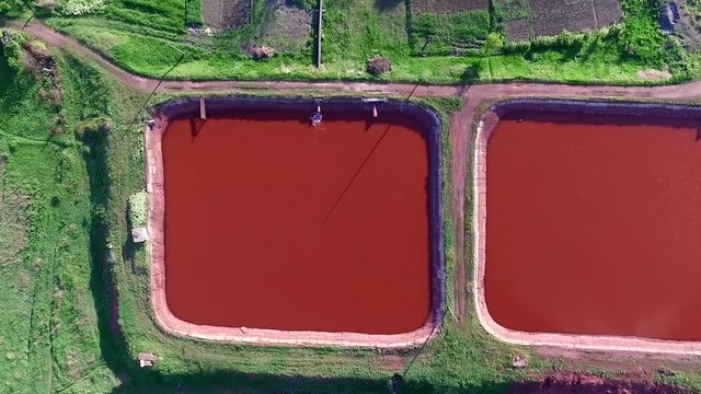 Red lakes in industrial part of Kryvyi Rih, Ukraine, aerial shoot