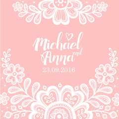 Fototapeta na wymiar Greeting card with flower lace white on a pink background and place for your text. Vector illustration with beautiful lace flowers.