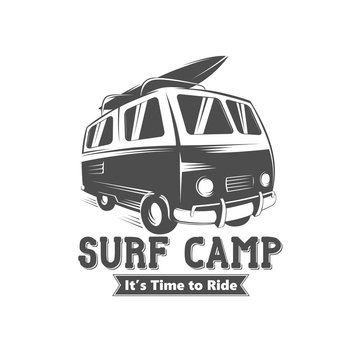 Surf camp logo design. Vintage black and white vector illustration of surf camp event.