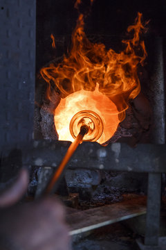 Glass heated in a furnace