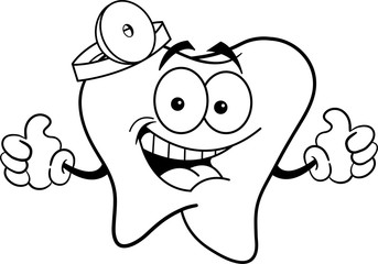 Black and white illustration of a tooth with thumbs up.