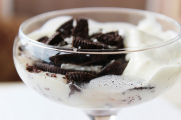 Chocolate chip cookies with vanilla ice cream and whipped cream