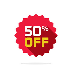 Sale tag vector badge template, 50 off sale label symbol, 50 percent sale promotion flat icon with long shadow, clearance sale sticker emblem, bargain sale red sign isolated on white background